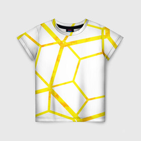 Детская футболка 3D с принтом Hexagon в Тюмени, 100% гипоаллергенный полиэфир | прямой крой, круглый вырез горловины, длина до линии бедер, чуть спущенное плечо, ткань немного тянется | hexagon | high tech | lines | sun | yellow | линии | многоугольник | насыщенный желтый | паутина | солнце | хай тек | шестиугольник | яркий