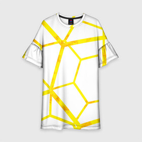 Детское платье 3D с принтом Hexagon в Тюмени, 100% полиэстер | прямой силуэт, чуть расширенный к низу. Круглая горловина, на рукавах — воланы | hexagon | high tech | lines | sun | yellow | линии | многоугольник | насыщенный желтый | паутина | солнце | хай тек | шестиугольник | яркий
