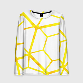 Женский лонгслив 3D с принтом Hexagon в Тюмени, 100% полиэстер | длинные рукава, круглый вырез горловины, полуприлегающий силуэт | hexagon | high tech | lines | sun | yellow | линии | многоугольник | насыщенный желтый | паутина | солнце | хай тек | шестиугольник | яркий