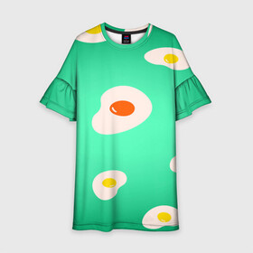 Детское платье 3D с принтом Яйца на Зеленом Фоне в Тюмени, 100% полиэстер | прямой силуэт, чуть расширенный к низу. Круглая горловина, на рукавах — воланы | Тематика изображения на принте: food | в топе | в тренде | еда | завтрак | зеленый | яичница | яйца