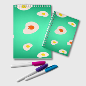 Блокнот с принтом Яйца на Зеленом Фоне в Тюмени, 100% бумага | 48 листов, плотность листов — 60 г/м2, плотность картонной обложки — 250 г/м2. Листы скреплены удобной пружинной спиралью. Цвет линий — светло-серый
 | Тематика изображения на принте: food | в топе | в тренде | еда | завтрак | зеленый | яичница | яйца