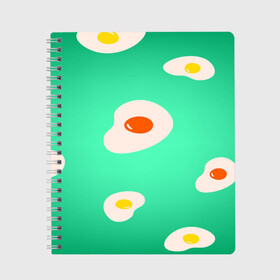 Тетрадь с принтом Яйца на Зеленом Фоне в Тюмени, 100% бумага | 48 листов, плотность листов — 60 г/м2, плотность картонной обложки — 250 г/м2. Листы скреплены сбоку удобной пружинной спиралью. Уголки страниц и обложки скругленные. Цвет линий — светло-серый
 | Тематика изображения на принте: food | в топе | в тренде | еда | завтрак | зеленый | яичница | яйца
