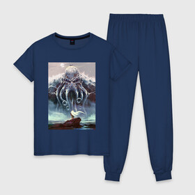 Женская пижама хлопок с принтом Cthulhu в Тюмени, 100% хлопок | брюки и футболка прямого кроя, без карманов, на брюках мягкая резинка на поясе и по низу штанин | cthulhu | викинги | гиганты | ктулху | мифология | морские чудовища | скандинавия | скандинавская