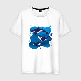 Мужская футболка хлопок с принтом Косатки в Тюмени, 100% хлопок | прямой крой, круглый вырез горловины, длина до линии бедер, слегка спущенное плечо. | whale | кит | киты | косатка | косатки | море