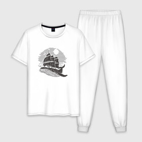 Мужская пижама хлопок с принтом Кит и корабль в Тюмени, 100% хлопок | брюки и футболка прямого кроя, без карманов, на брюках мягкая резинка на поясе и по низу штанин
 | Тематика изображения на принте: ship | whale | кит | киты | корабль | паруса