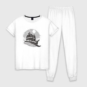Женская пижама хлопок с принтом Кит и корабль в Тюмени, 100% хлопок | брюки и футболка прямого кроя, без карманов, на брюках мягкая резинка на поясе и по низу штанин | ship | whale | кит | киты | корабль | паруса