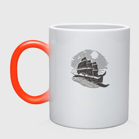 Кружка хамелеон с принтом Кит и корабль в Тюмени, керамика | меняет цвет при нагревании, емкость 330 мл | ship | whale | кит | киты | корабль | паруса