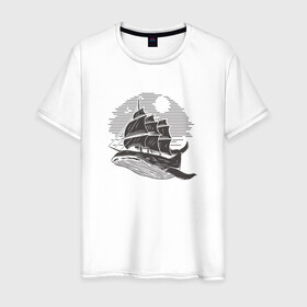 Мужская футболка хлопок с принтом Кит и корабль в Тюмени, 100% хлопок | прямой крой, круглый вырез горловины, длина до линии бедер, слегка спущенное плечо. | Тематика изображения на принте: ship | whale | кит | киты | корабль | паруса