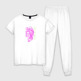 Женская пижама хлопок с принтом Медуза Горгона в Тюмени, 100% хлопок | брюки и футболка прямого кроя, без карманов, на брюках мягкая резинка на поясе и по низу штанин | бог | девушка | женщина | змея | иероглифы | медуза горгона | мифическое существо | монстр | надпись на японском