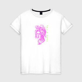 Женская футболка хлопок с принтом Медуза Горгона в Тюмени, 100% хлопок | прямой крой, круглый вырез горловины, длина до линии бедер, слегка спущенное плечо | бог | девушка | женщина | змея | иероглифы | медуза горгона | мифическое существо | монстр | надпись на японском