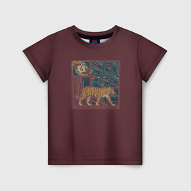 Детская футболка 3D с принтом КартиНа с Тигром в Тюмени, 100% гипоаллергенный полиэфир | прямой крой, круглый вырез горловины, длина до линии бедер, чуть спущенное плечо, ткань немного тянется | бардовый | картина | коты | кошки | красивый рисунок | тигр