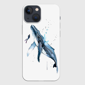 Чехол для iPhone 13 mini с принтом кит в Тюмени,  |  | Тематика изображения на принте: ocean | sea | sea animal | whale | акварель | кит | море | океан | рисунок кита