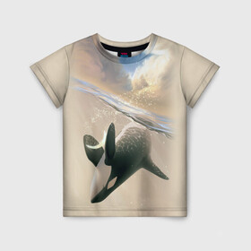 Детская футболка 3D с принтом косатка в Тюмени, 100% гипоаллергенный полиэфир | прямой крой, круглый вырез горловины, длина до линии бедер, чуть спущенное плечо, ткань немного тянется | Тематика изображения на принте: ocean | orca | sea | sea animal | whale | дельфин | касатка | кит | море | океан | рисунок кита
