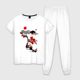 Женская пижама хлопок с принтом Рисунок Сакура в Тюмени, 100% хлопок | брюки и футболка прямого кроя, без карманов, на брюках мягкая резинка на поясе и по низу штанин | горы | красный | пейзаж | рисунок | цветы | япония | японский стиль