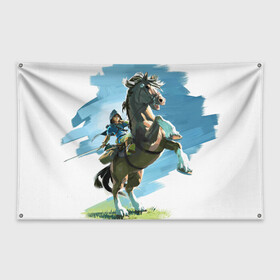 Флаг-баннер с принтом Линк на коне в Тюмени, 100% полиэстер | размер 67 х 109 см, плотность ткани — 95 г/м2; по краям флага есть четыре люверса для крепления | games | link | nintendo | switch | zelda | линк