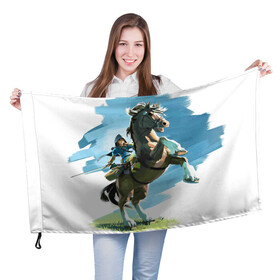 Флаг 3D с принтом Линк на коне в Тюмени, 100% полиэстер | плотность ткани — 95 г/м2, размер — 67 х 109 см. Принт наносится с одной стороны | games | link | nintendo | switch | zelda | линк