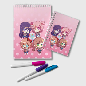 Блокнот с принтом DOKI DOKI LITERATURE CLUB в Тюмени, 100% бумага | 48 листов, плотность листов — 60 г/м2, плотность картонной обложки — 250 г/м2. Листы скреплены удобной пружинной спиралью. Цвет линий — светло-серый
 | Тематика изображения на принте: club | doki doki | literature | monika | natsuki | novel | saeri | yuri | доки доки | клуб | литературный | моника | нацуки | роман | саёри | юри