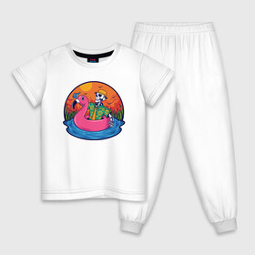 Детская пижама хлопок с принтом Скелет в надувном Фламинго в Тюмени, 100% хлопок |  брюки и футболка прямого кроя, без карманов, на брюках мягкая резинка на поясе и по низу штанин
 | закат | купание | лето | отдых | пляж | скелет | туризм | фламинго