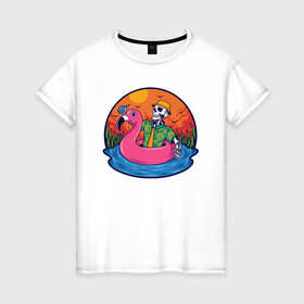 Женская футболка хлопок с принтом Скелет в надувном Фламинго в Тюмени, 100% хлопок | прямой крой, круглый вырез горловины, длина до линии бедер, слегка спущенное плечо | закат | купание | лето | отдых | пляж | скелет | туризм | фламинго