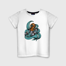 Детская футболка хлопок с принтом Осьминог напал на водолаза в Тюмени, 100% хлопок | круглый вырез горловины, полуприлегающий силуэт, длина до линии бедер | водолаз | море | океан | осьминог | подводный мир | щупальцы