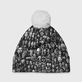 Шапка 3D c помпоном с принтом Мрачные портреты в Тюмени, 100% полиэстер | универсальный размер, печать по всей поверхности изделия | halloween | лица | мрачное | портреты | страшное | сюрреализм | ужасы