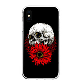 Чехол для iPhone XS Max матовый с принтом Череп и Красный Цветок Skull в Тюмени, Силикон | Область печати: задняя сторона чехла, без боковых панелей | flowers | head | skulls | букет | голова | животные | кости | мозги | паттерн | полосы | природа | розы | скелет | текстура | узор | флора | хо | цветы | черепа | черный | яркий
