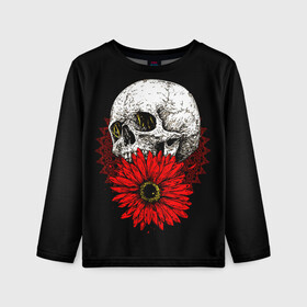 Детский лонгслив 3D с принтом Череп и Красный Цветок Skull в Тюмени, 100% полиэстер | длинные рукава, круглый вырез горловины, полуприлегающий силуэт
 | flowers | head | skulls | букет | голова | животные | кости | мозги | паттерн | полосы | природа | розы | скелет | текстура | узор | флора | хо | цветы | черепа | черный | яркий