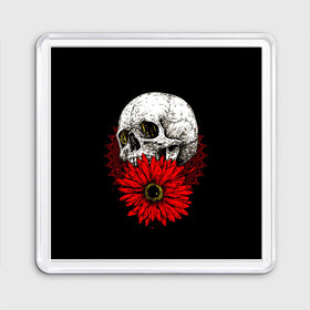 Магнит 55*55 с принтом Череп и Красный Цветок Skull в Тюмени, Пластик | Размер: 65*65 мм; Размер печати: 55*55 мм | flowers | head | skulls | букет | голова | животные | кости | мозги | паттерн | полосы | природа | розы | скелет | текстура | узор | флора | хо | цветы | черепа | черный | яркий