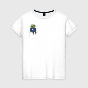 Женская футболка хлопок с принтом Pepe Thinking room в Тюмени, 100% хлопок | прямой крой, круглый вырез горловины, длина до линии бедер, слегка спущенное плечо | kekw | mem | pepe | smile | smiles | twitch | мемы | пепе | рофлан | смайл | смайлы | твитч