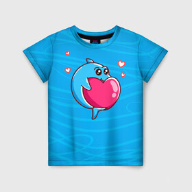 Детская футболка 3D с принтом Дельфин с сердечком в Тюмени, 100% гипоаллергенный полиэфир | прямой крой, круглый вырез горловины, длина до линии бедер, чуть спущенное плечо, ткань немного тянется | dolphin | дельфин | дельфинчик | море | морские | на голубом | с дельфином | с сердцем | сердечко