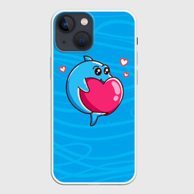 Чехол для iPhone 13 mini с принтом Дельфин с сердечком в Тюмени,  |  | Тематика изображения на принте: dolphin | дельфин | дельфинчик | море | морские | на голубом | с дельфином | с сердцем | сердечко