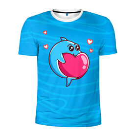 Мужская футболка 3D спортивная с принтом Дельфин с сердечком в Тюмени, 100% полиэстер с улучшенными характеристиками | приталенный силуэт, круглая горловина, широкие плечи, сужается к линии бедра | Тематика изображения на принте: dolphin | дельфин | дельфинчик | море | морские | на голубом | с дельфином | с сердцем | сердечко
