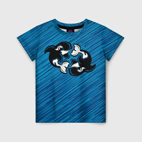 Детская футболка 3D с принтом Две косатки в Тюмени, 100% гипоаллергенный полиэфир | прямой крой, круглый вырез горловины, длина до линии бедер, чуть спущенное плечо, ткань немного тянется | whale | кит | косатка | косатки | на синем | с косатками
