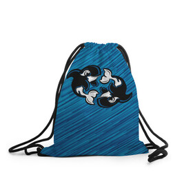 Рюкзак-мешок 3D с принтом Две косатки в Тюмени, 100% полиэстер | плотность ткани — 200 г/м2, размер — 35 х 45 см; лямки — толстые шнурки, застежка на шнуровке, без карманов и подкладки | Тематика изображения на принте: whale | кит | косатка | косатки | на синем | с косатками