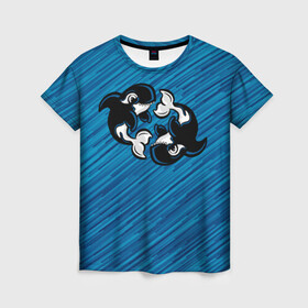 Женская футболка 3D с принтом Две косатки в Тюмени, 100% полиэфир ( синтетическое хлопкоподобное полотно) | прямой крой, круглый вырез горловины, длина до линии бедер | whale | кит | косатка | косатки | на синем | с косатками