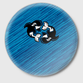 Значок с принтом Две косатки в Тюмени,  металл | круглая форма, металлическая застежка в виде булавки | whale | кит | косатка | косатки | на синем | с косатками