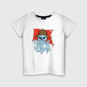 Детская футболка хлопок с принтом Осьминог в каске в Тюмени, 100% хлопок | круглый вырез горловины, полуприлегающий силуэт, длина до линии бедер | Тематика изображения на принте: cute | octopus | pirat | в каске | кракен | осьминог | осьминожка | пират | скелет | череп | щупальца