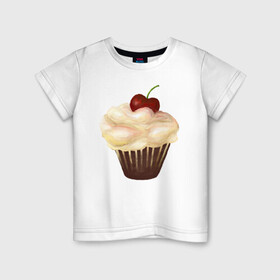 Детская футболка хлопок с принтом Cupcake with cherry art в Тюмени, 100% хлопок | круглый вырез горловины, полуприлегающий силуэт, длина до линии бедер | Тематика изображения на принте: art | cherry | cooking | cupcake | vypichka | yummy | арт | вишня | вкусняшка | выпичка | кекс | кулинария