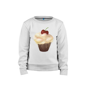 Детский свитшот хлопок с принтом Cupcake with cherry art в Тюмени, 100% хлопок | круглый вырез горловины, эластичные манжеты, пояс и воротник | art | cherry | cooking | cupcake | vypichka | yummy | арт | вишня | вкусняшка | выпичка | кекс | кулинария