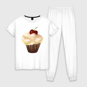 Женская пижама хлопок с принтом Cupcake with cherry art в Тюмени, 100% хлопок | брюки и футболка прямого кроя, без карманов, на брюках мягкая резинка на поясе и по низу штанин | art | cherry | cooking | cupcake | vypichka | yummy | арт | вишня | вкусняшка | выпичка | кекс | кулинария