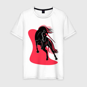 Мужская футболка хлопок с принтом ЧЕРНЫЙ ЕДИНОРОГ в Тюмени, 100% хлопок | прямой крой, круглый вырез горловины, длина до линии бедер, слегка спущенное плечо. | Тематика изображения на принте: evil unicorn | единорог | красное и белое | черный единорог