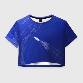 Женская футболка Crop-top 3D с принтом Катер и море в Тюмени, 100% полиэстер | круглая горловина, длина футболки до линии талии, рукава с отворотами | арт | белый | иллюстрация | катер | море | плыть | принт | синий | фон