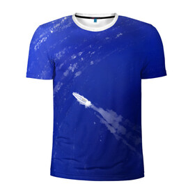 Мужская футболка 3D спортивная с принтом Катер и море в Тюмени, 100% полиэстер с улучшенными характеристиками | приталенный силуэт, круглая горловина, широкие плечи, сужается к линии бедра | арт | белый | иллюстрация | катер | море | плыть | принт | синий | фон