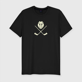 Мужская футболка хлопок Slim с принтом Маска в Тюмени, 92% хлопок, 8% лайкра | приталенный силуэт, круглый вырез ворота, длина до линии бедра, короткий рукав | hockey | pixel art | вратарь | клюшки | пиксель арт | хоккей | хоккейная маска