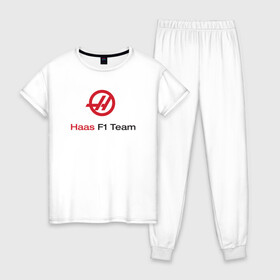Женская пижама хлопок с принтом Haas F1 Team в Тюмени, 100% хлопок | брюки и футболка прямого кроя, без карманов, на брюках мягкая резинка на поясе и по низу штанин | f1 | haas | грожан | магнуссен | мазепин | ф1 | феррари | формула 1 | хаас