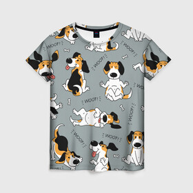 Женская футболка 3D с принтом Собаки Бигли в Тюмени, 100% полиэфир ( синтетическое хлопкоподобное полотно) | прямой крой, круглый вырез горловины, длина до линии бедер | dog | бигли | бигль | животные | пес | природа | собака | собаки | собакчка | собачки