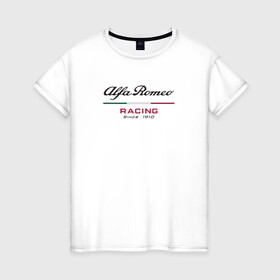 Женская футболка хлопок с принтом Alfa Romeo F1 Team в Тюмени, 100% хлопок | прямой крой, круглый вырез горловины, длина до линии бедер, слегка спущенное плечо | alfa romeo | f1 | formula 1 | team | альфе ромео | антонио джовинации | кими райкконен | логотип | ф1 | формула 1