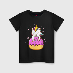 Детская футболка хлопок с принтом Милый единорог с пончиком в Тюмени, 100% хлопок | круглый вырез горловины, полуприлегающий силуэт, длина до линии бедер | Тематика изображения на принте: cute | funny | pony | rainbow | unicorn | единорог | единорожка | милый | пони | пончик | радуга