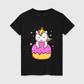 Женская футболка хлопок с принтом Милый единорог с пончиком в Тюмени, 100% хлопок | прямой крой, круглый вырез горловины, длина до линии бедер, слегка спущенное плечо | cute | funny | pony | rainbow | unicorn | единорог | единорожка | милый | пони | пончик | радуга