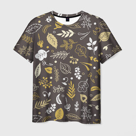 Мужская футболка 3D с принтом Осенние листья и ягоды в Тюмени, 100% полиэфир | прямой крой, круглый вырез горловины, длина до линии бедер | Тематика изображения на принте: бежевый | желтый | коричневый | листья | осень | ягоды